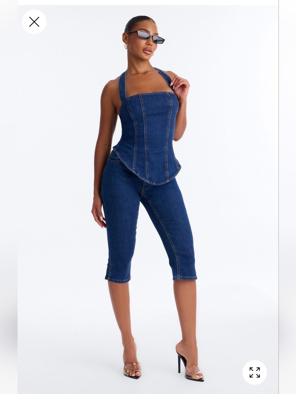 Denim Halter Corset Top with Capri Jeans  Set